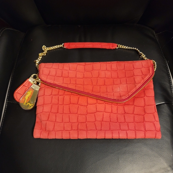 henri bendel Handbags - Henri Bendel Red Crocodile-Embossed Clutch with Gold Chain